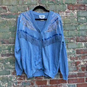 Vintage 80s Fringe Cardigan Women's‎ Size Large Cervelle Silk Blend Blue Beaded